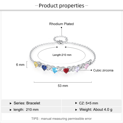 Personalisierter 6 Namen Silbernes Halskette & Armband mit 6 Herz-Geburtssteinen Geschenkbox-Set