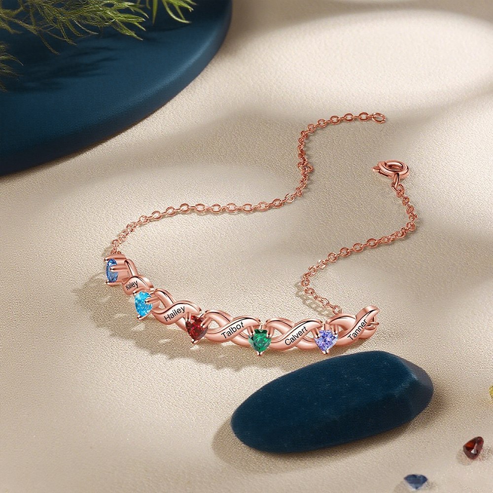 Personalisiertes Herzarmband mit 2-7 Namen & Geburtssteinen