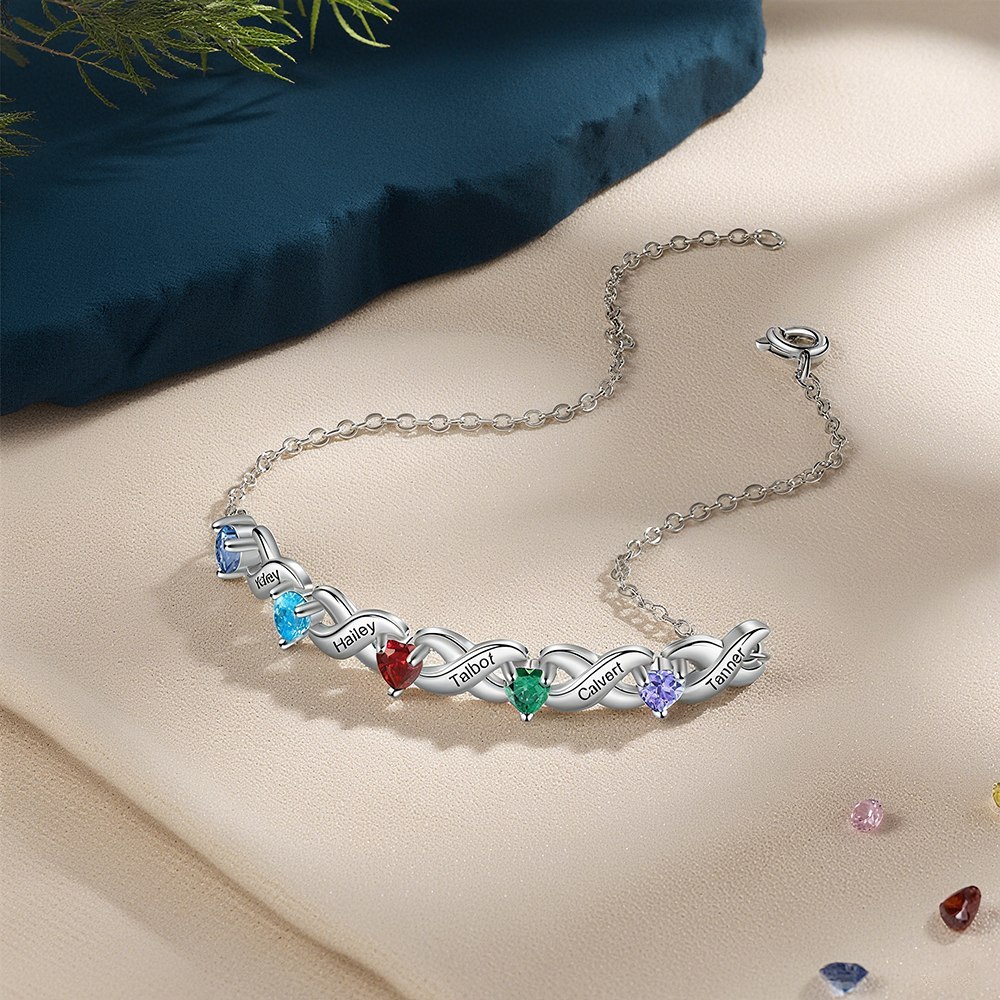 Personalisiertes Herzarmband mit 2-7 Namen & Geburtssteinen
