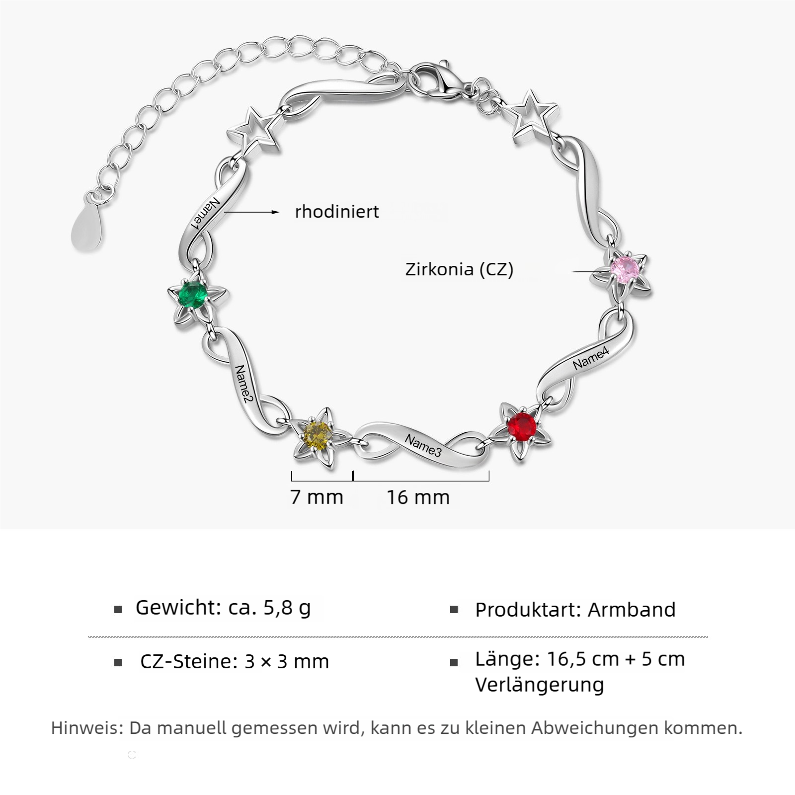 Personalisierbares Infinity Stern Armband mit 2–7 Namen und Geburtssteinen
