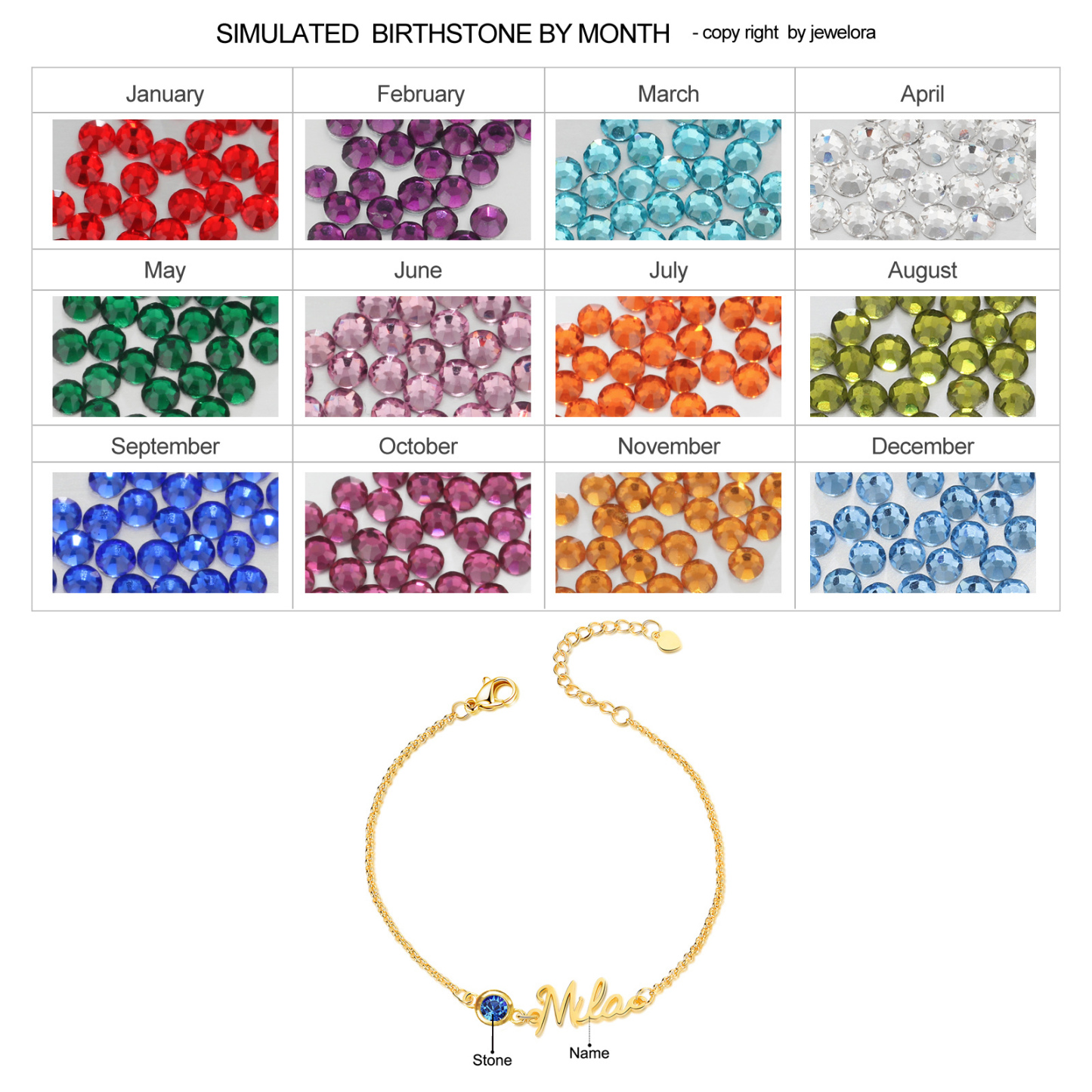 Personalisierter 1 Name Armband mit 1 Geburtsstein in 3 Farben 