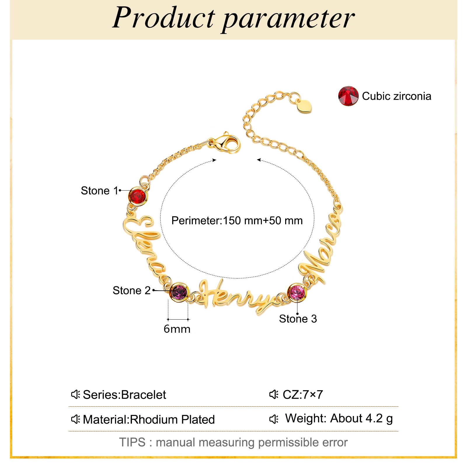 Personalisierte 1-5 Namen Armband mit 1-5 Geburtssteinen in Golden/ Silber/ Rosagold