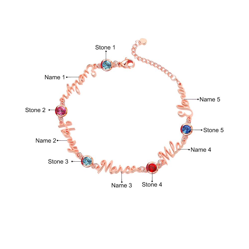 Personalisierte 1-5 Namen Armband mit 1-5 Geburtssteinen in Golden/ Silber/ Rosagold