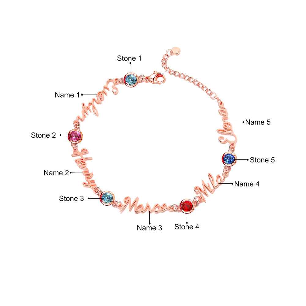 Personalisierte 1-5 Namen Armband mit 1-5 Geburtssteinen in Golden/ Silber/ Rosagold