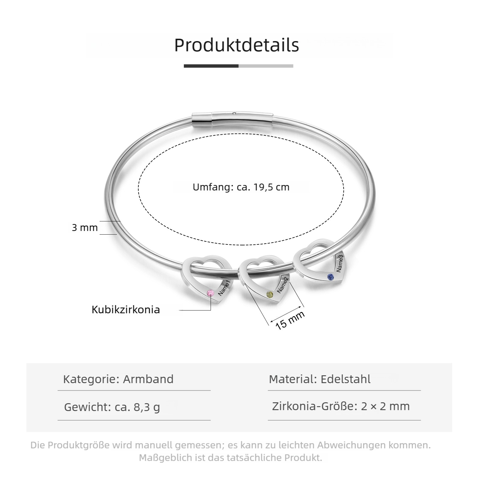 Personalisierter Herz-Anhänger Armreif mit 2–6 Namen und Geburtssteinen – Geschenk für Mama oder Freundin