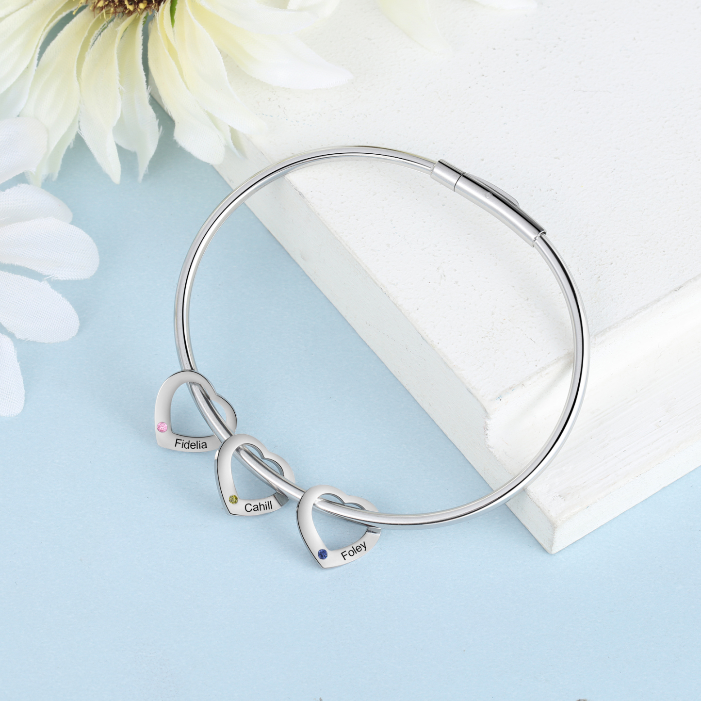 Personalisierter 3 Namen & 3 Geburtssteinen Silbernes Herz-Anhänger-Armband & Herz Halskette Geschenkbox-Set
