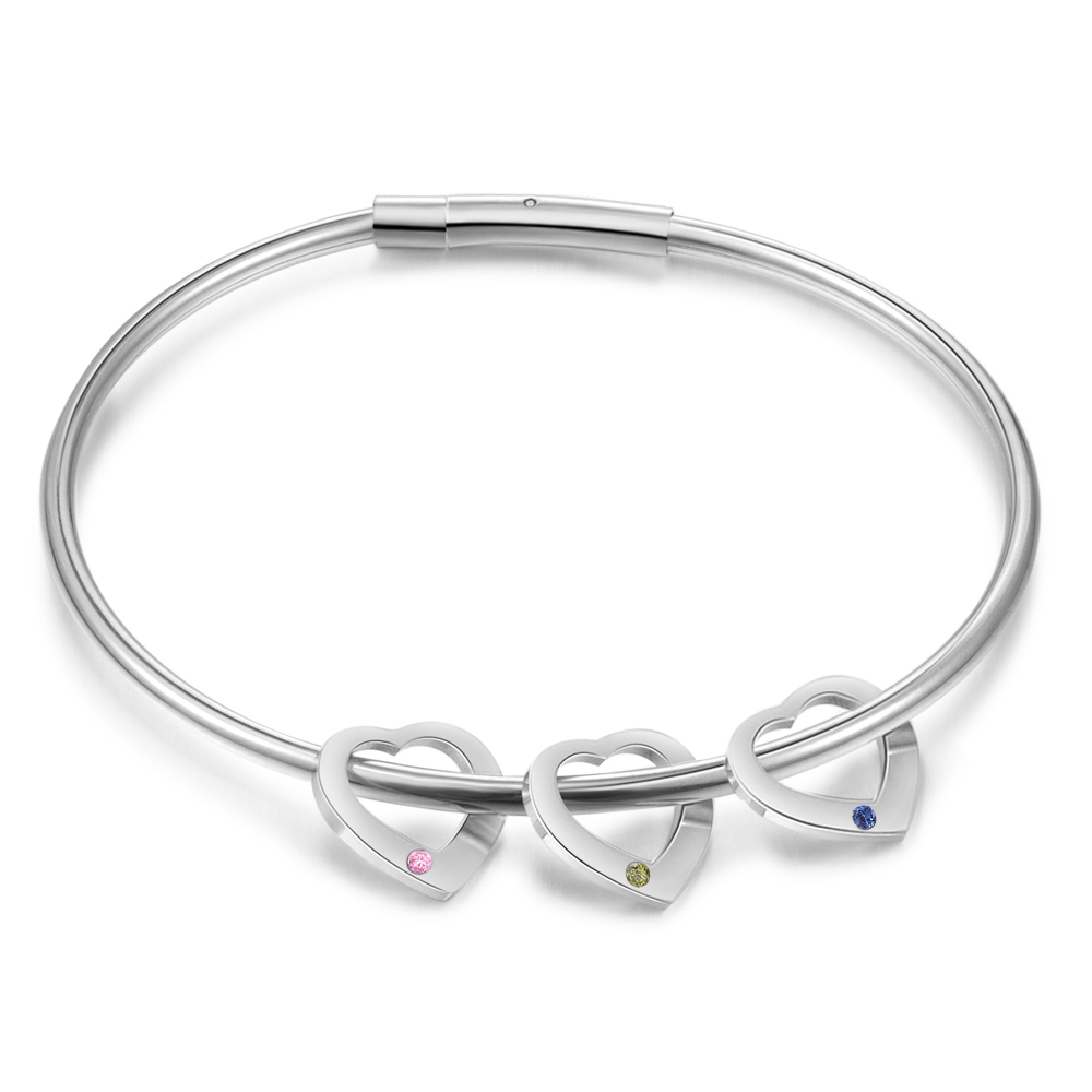 Personalisierter 3 Namen & 3 Geburtssteinen Silbernes Herz-Anhänger-Armband & Herz Halskette Geschenkbox-Set