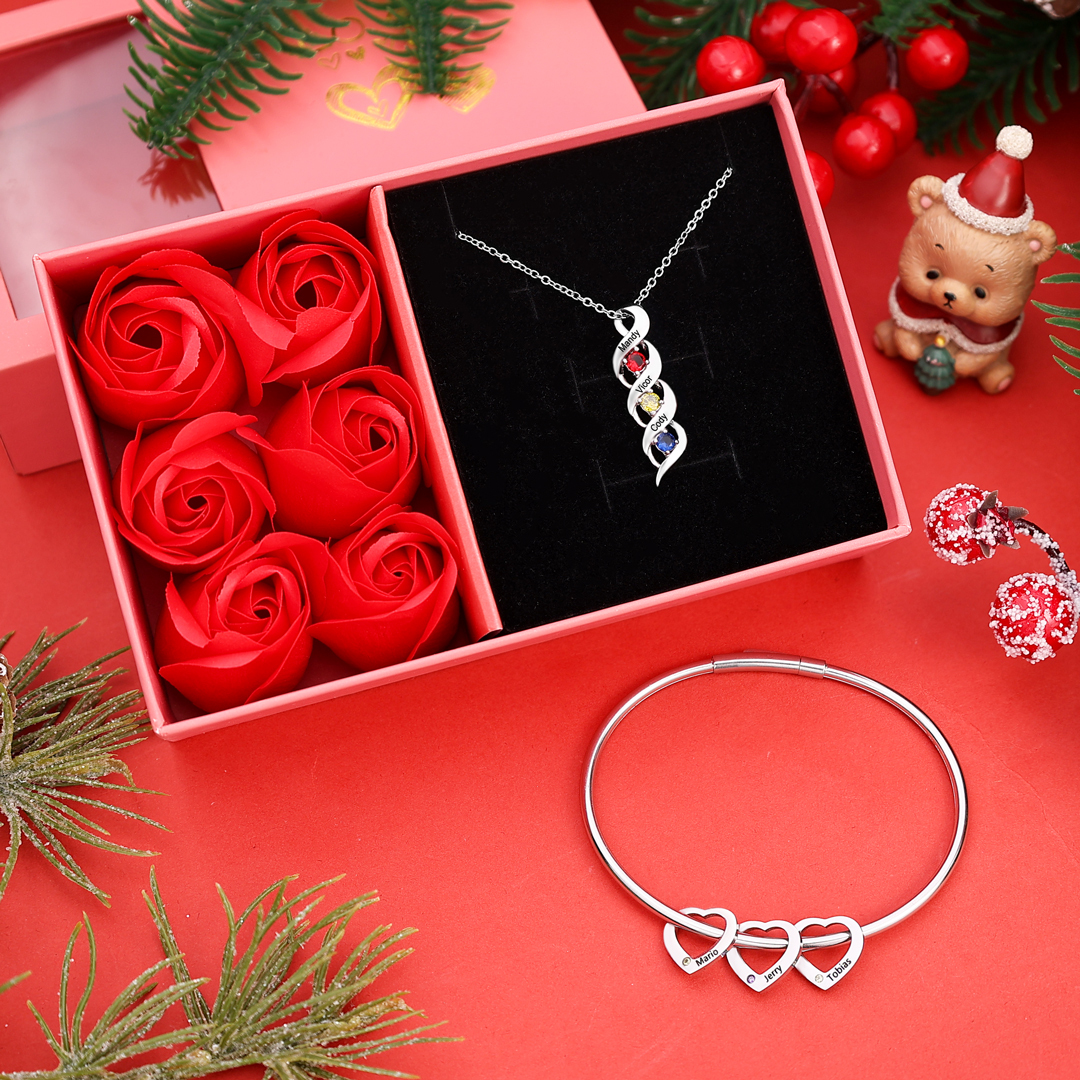 Personalisierter 3 Namen & 3 Geburtssteinen Silbernes Herz-Anhänger-Armband & Herz Halskette Geschenkbox-Set