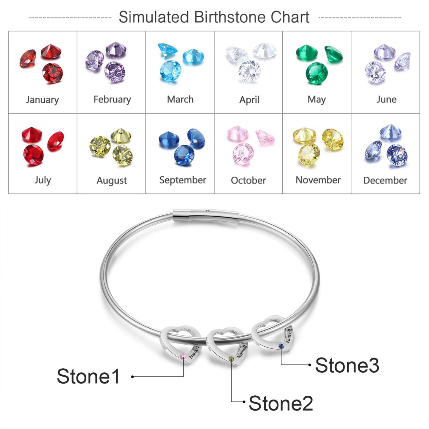 Personalisierter 3 Namen & 3 Geburtssteinen Silbernes Herz-Anhänger-Armband & Herz Halskette Geschenkbox-Set