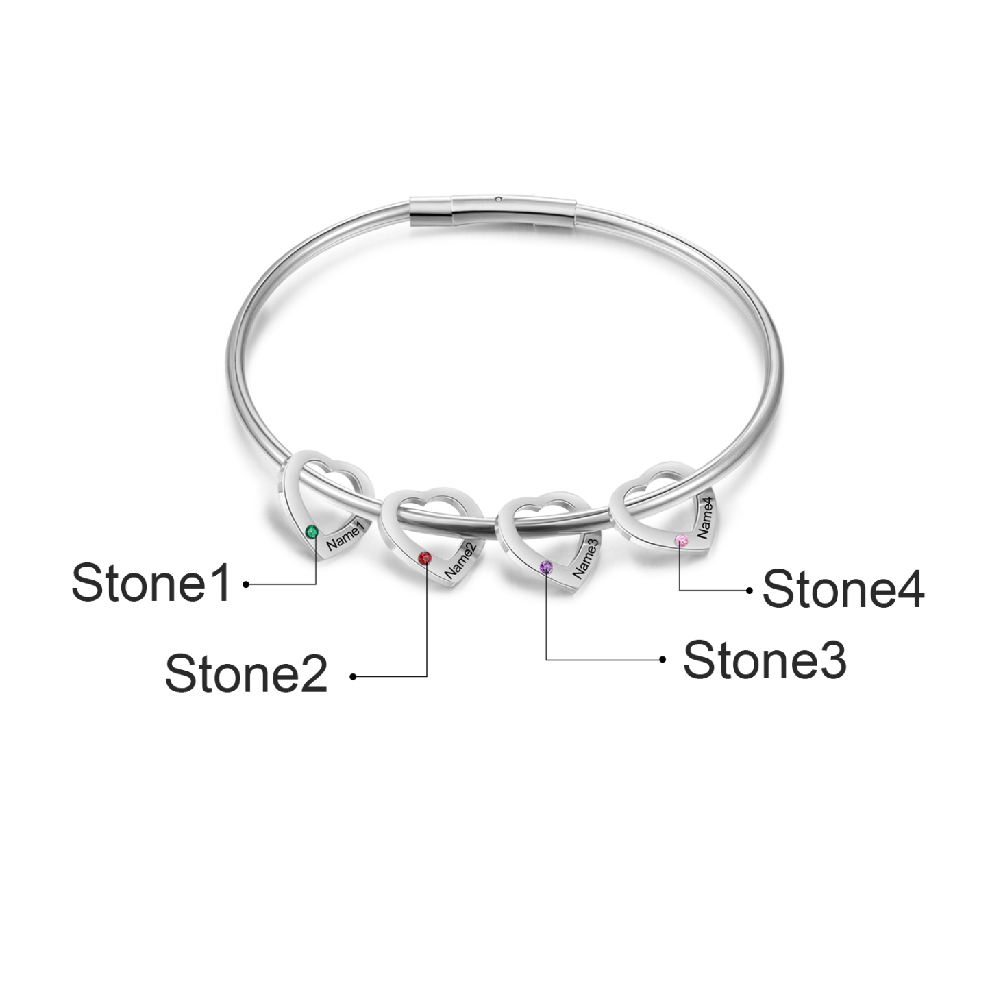 Personalisierter 4 Namen & 4 Geburtssteinen Silbernes Herz-Anhänger-Armband & Herz Halskette Geschenkbox-Set