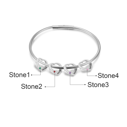 Personalisierter 4 Namen & 4 Geburtssteinen Silbernes Herz-Anhänger-Armband & Herz Halskette Geschenkbox-Set