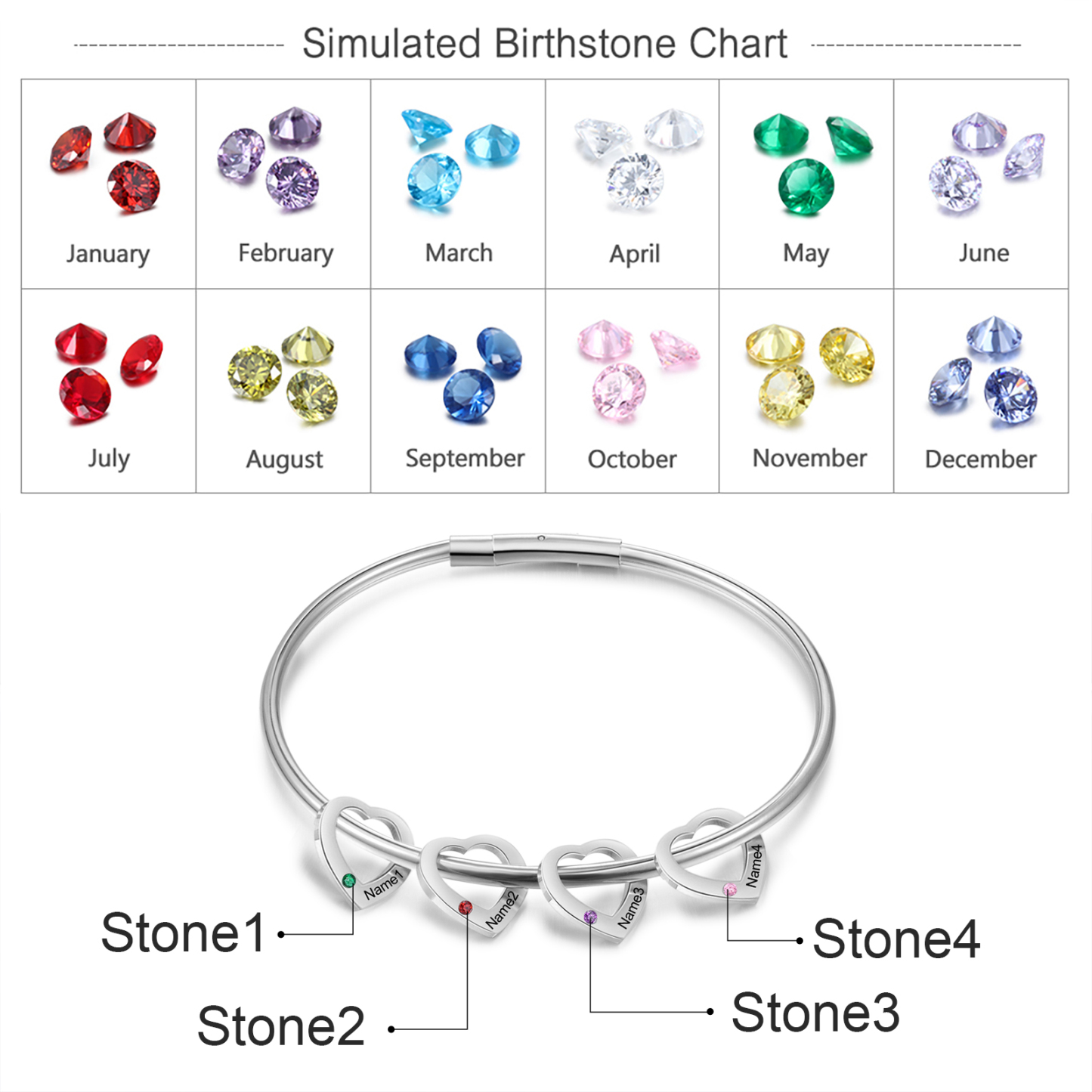 Personalisierter 4 Namen & 4 Geburtssteinen Silbernes Herz-Anhänger-Armband & Herz Halskette Geschenkbox-Set