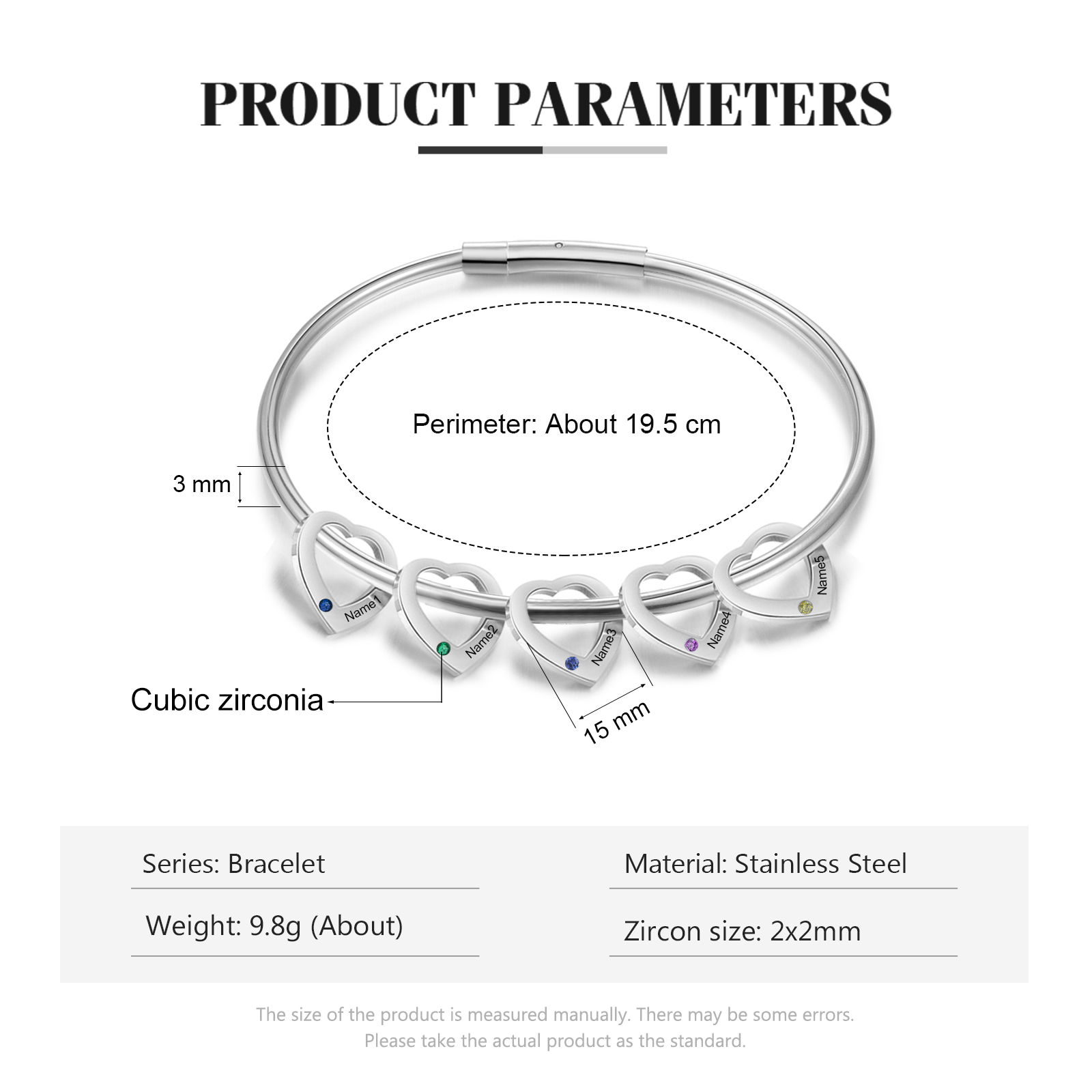 Personalisierter 5 Namen & 5 Geburtssteinen Silbernes Herz-Anhänger-Armband & Herz Halskette Geschenkbox-Set