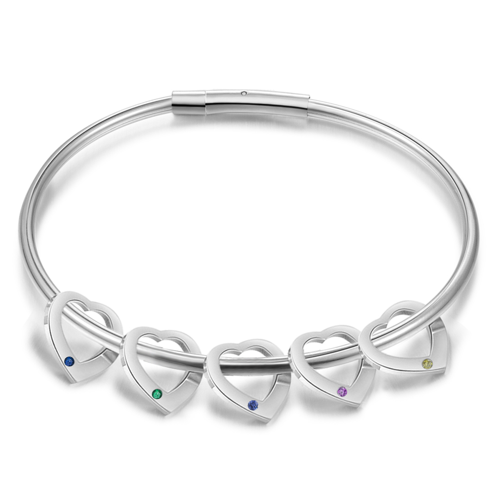 Personalisierter 5 Namen & 5 Geburtssteinen Silbernes Herz-Anhänger-Armband & Herz Halskette Geschenkbox-Set