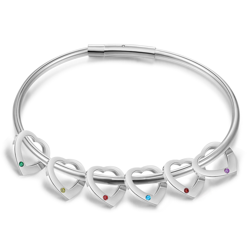 Personalisierter 6 Namen & 6 Geburtssteinen Silbernes Herz-Anhänger-Armband & Herz Halskette Geschenkbox-Set