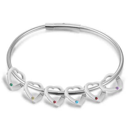 Personalisierter 6 Namen & 6 Geburtssteinen Silbernes Herz-Anhänger-Armband & Herz Halskette Geschenkbox-Set