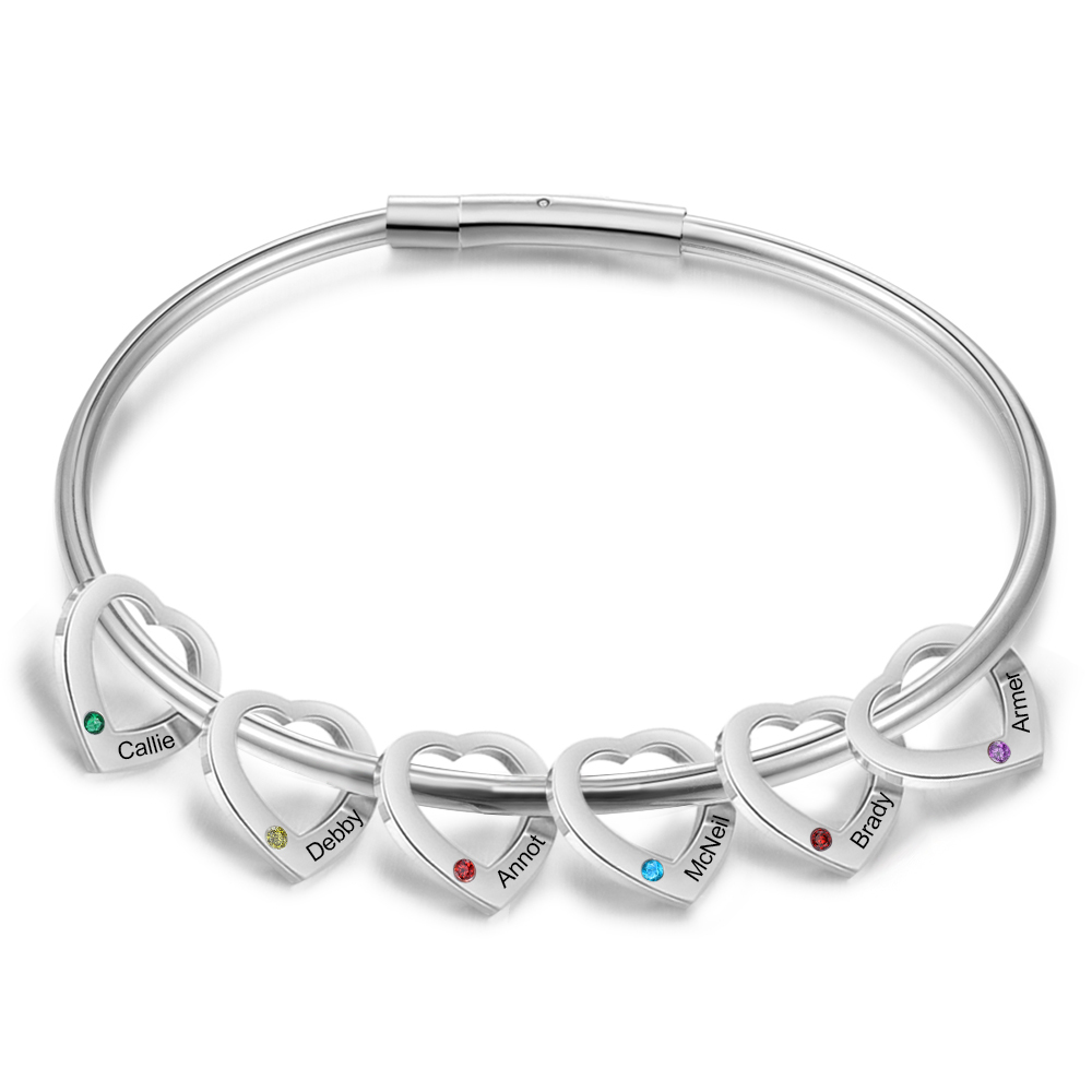 Personalisierter 6 Namen & 6 Geburtssteinen Silbernes Herz-Anhänger-Armband & Herz Halskette Geschenkbox-Set