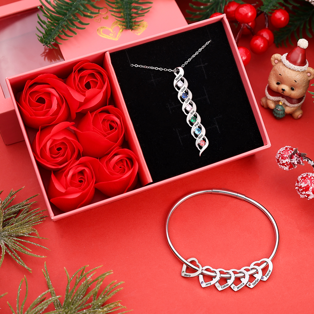 Personalisierter 6 Namen & 6 Geburtssteinen Silbernes Herz-Anhänger-Armband & Herz Halskette Geschenkbox-Set