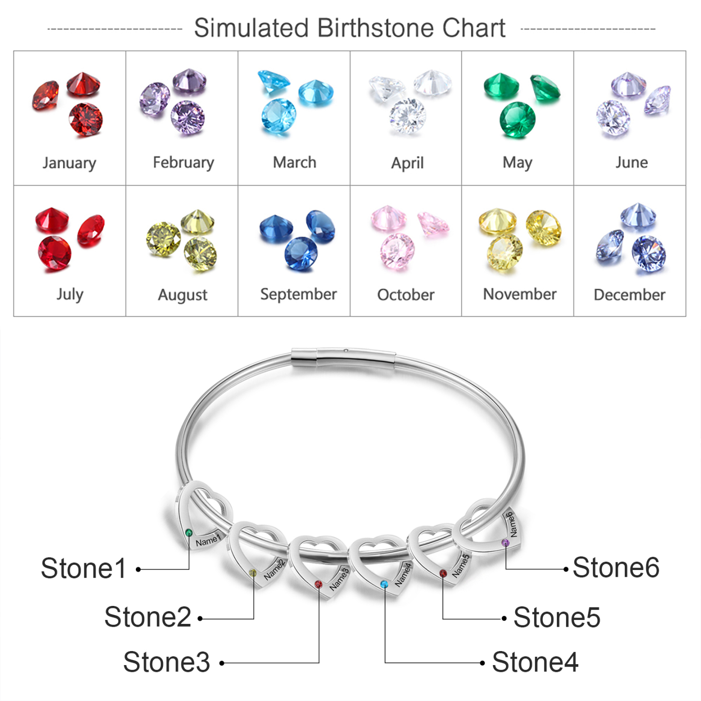 Personalisierter 6 Namen & 6 Geburtssteinen Silbernes Herz-Anhänger-Armband & Herz Halskette Geschenkbox-Set