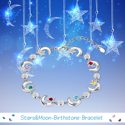 Personalisierte 2-6 Namen Stern & Mond Frauen Armband mit 2-6 Geburtssteinen