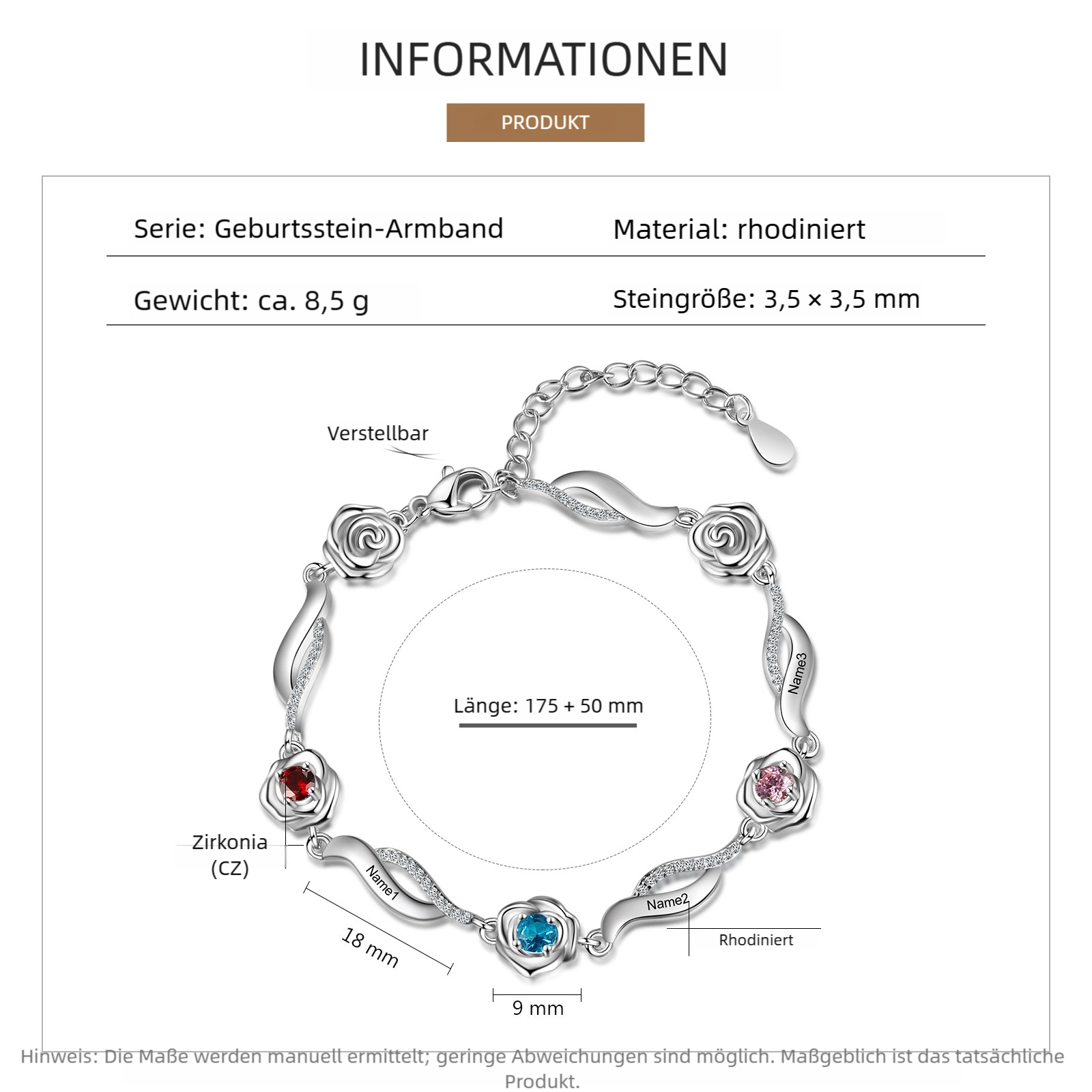 Personalisiertes Rosenarmband mit bis zu 5 Namen & Geburtssteinen