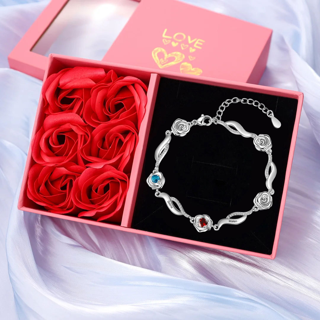 Personalisiertes Rosenarmband mit bis zu 5 Namen & Geburtssteinen