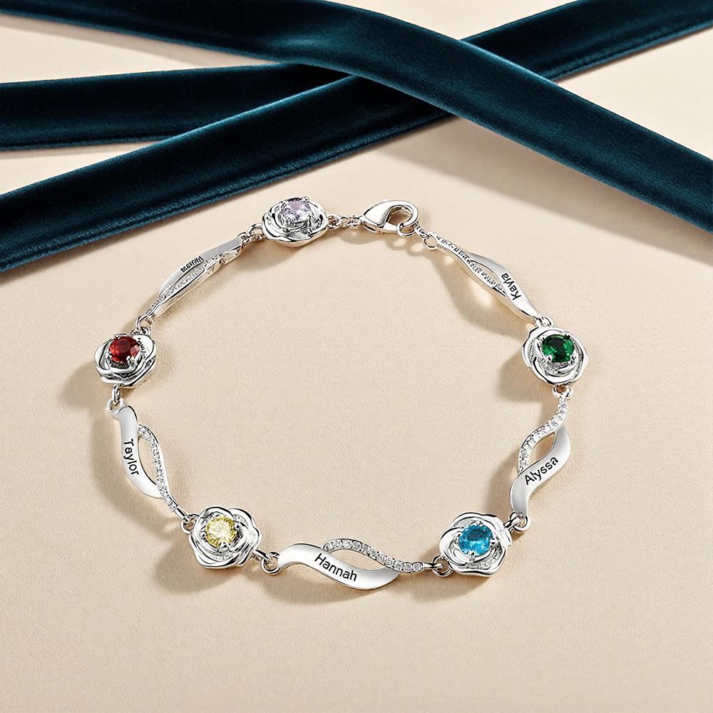 Personalisierte Rosenarmband mit 1-5 Namen und Geburtssteinen – Liebevolles Geschenk für Mama