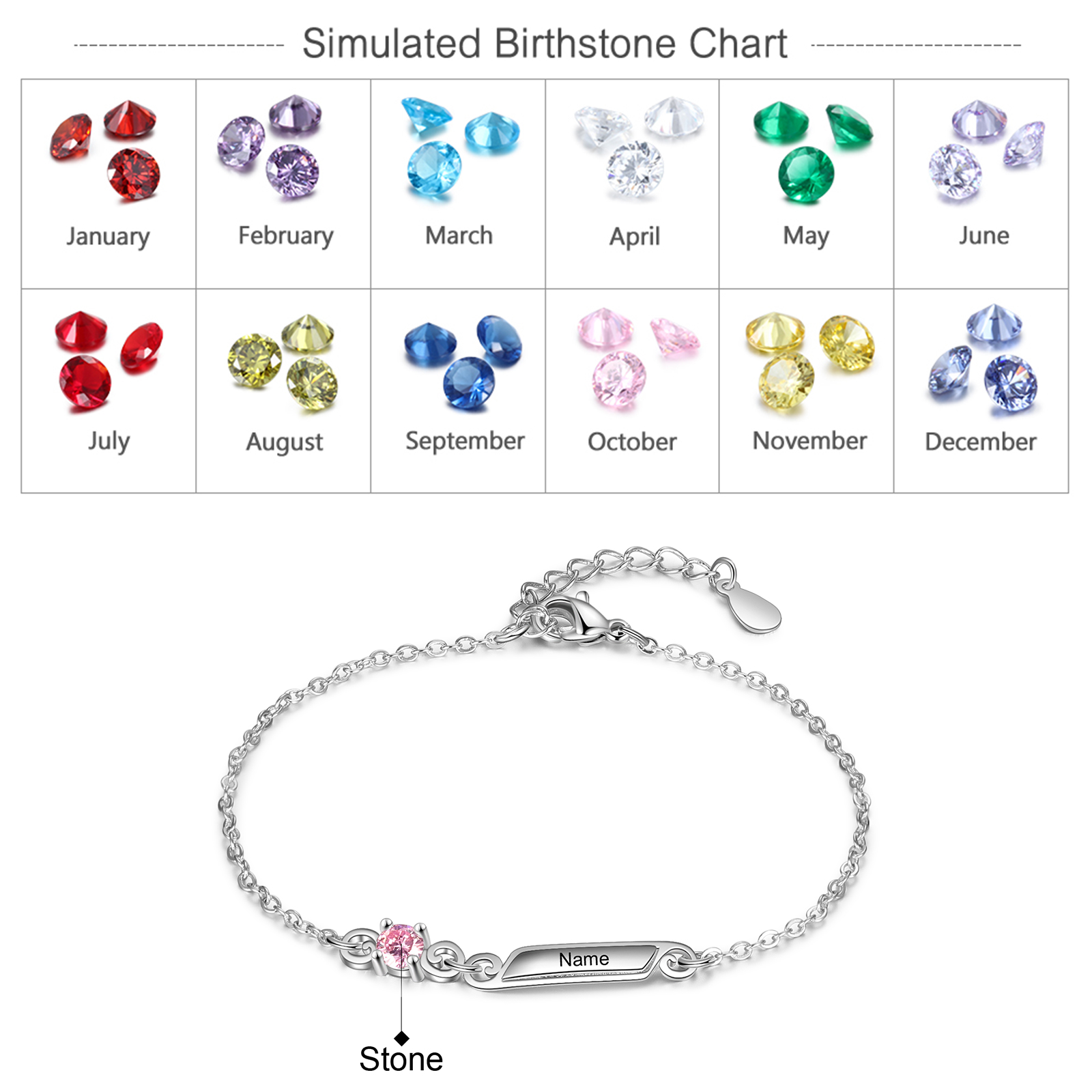Personalisiertes Armband mit eingravierter 1 Name und 1 Geburtssteinarmband