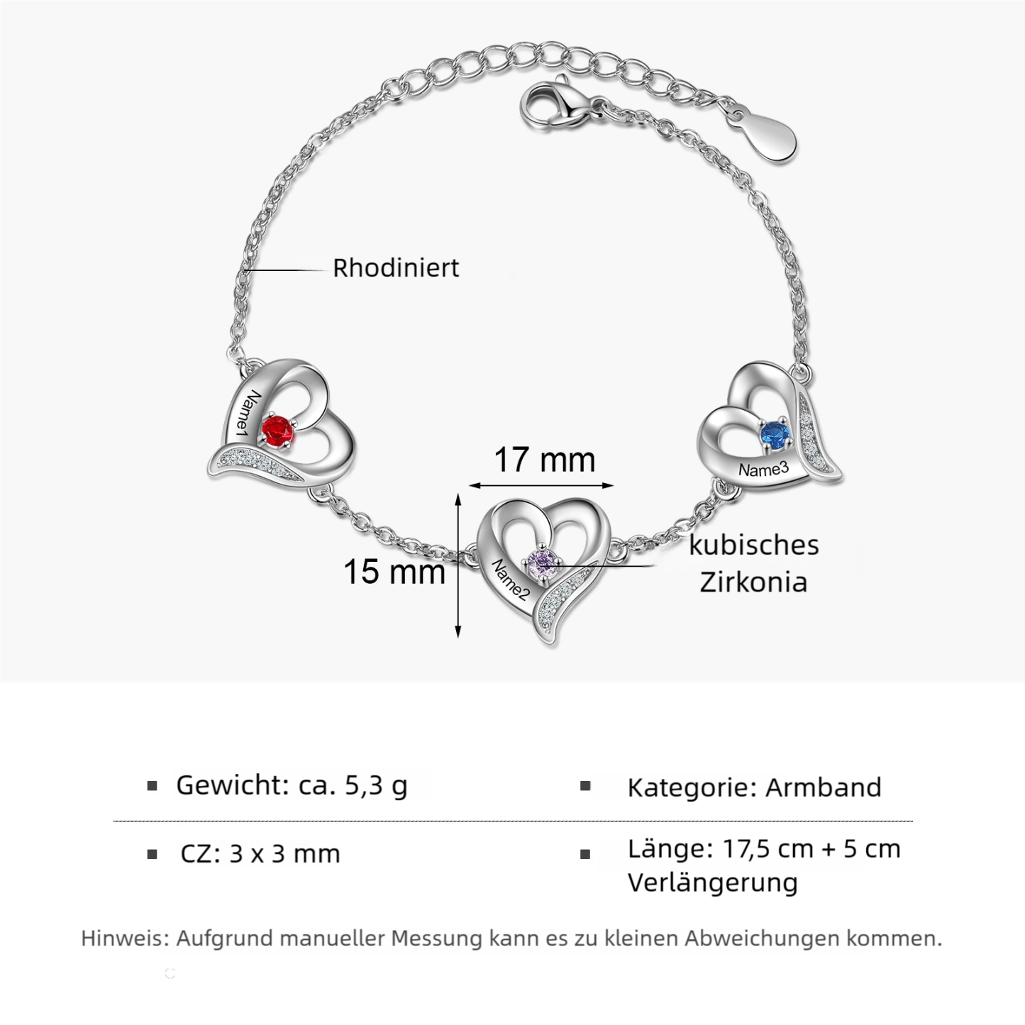 Personalisierbares Herz-Armband mit 1–7 Namen und Geburtssteinen