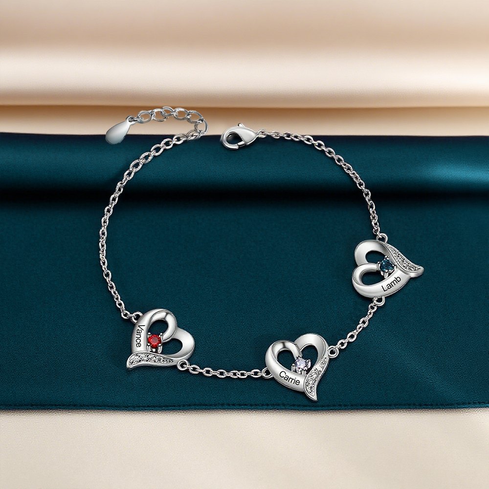 Personalisierbares Herz-Armband mit 1–7 Namen und Geburtssteinen
