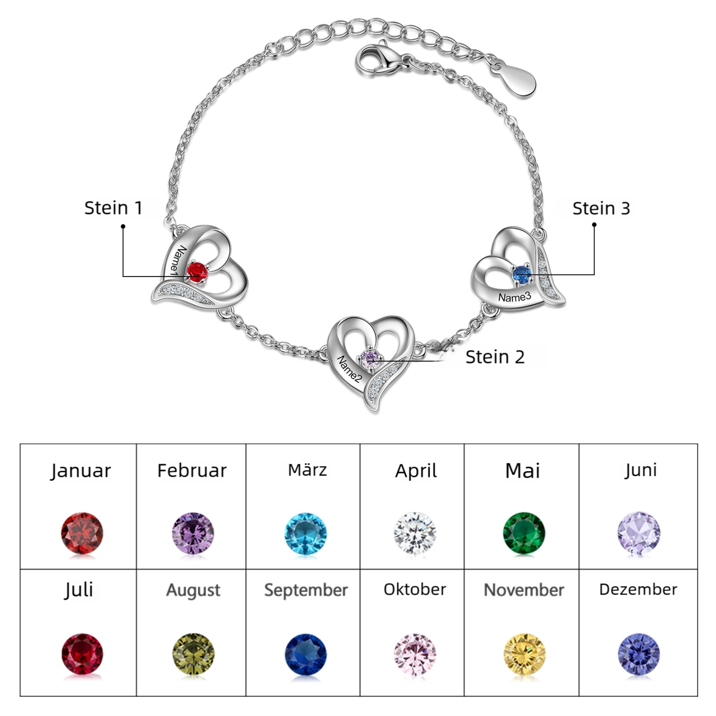Personalisierbares Herz-Armband mit 1–7 Namen und Geburtssteinen
