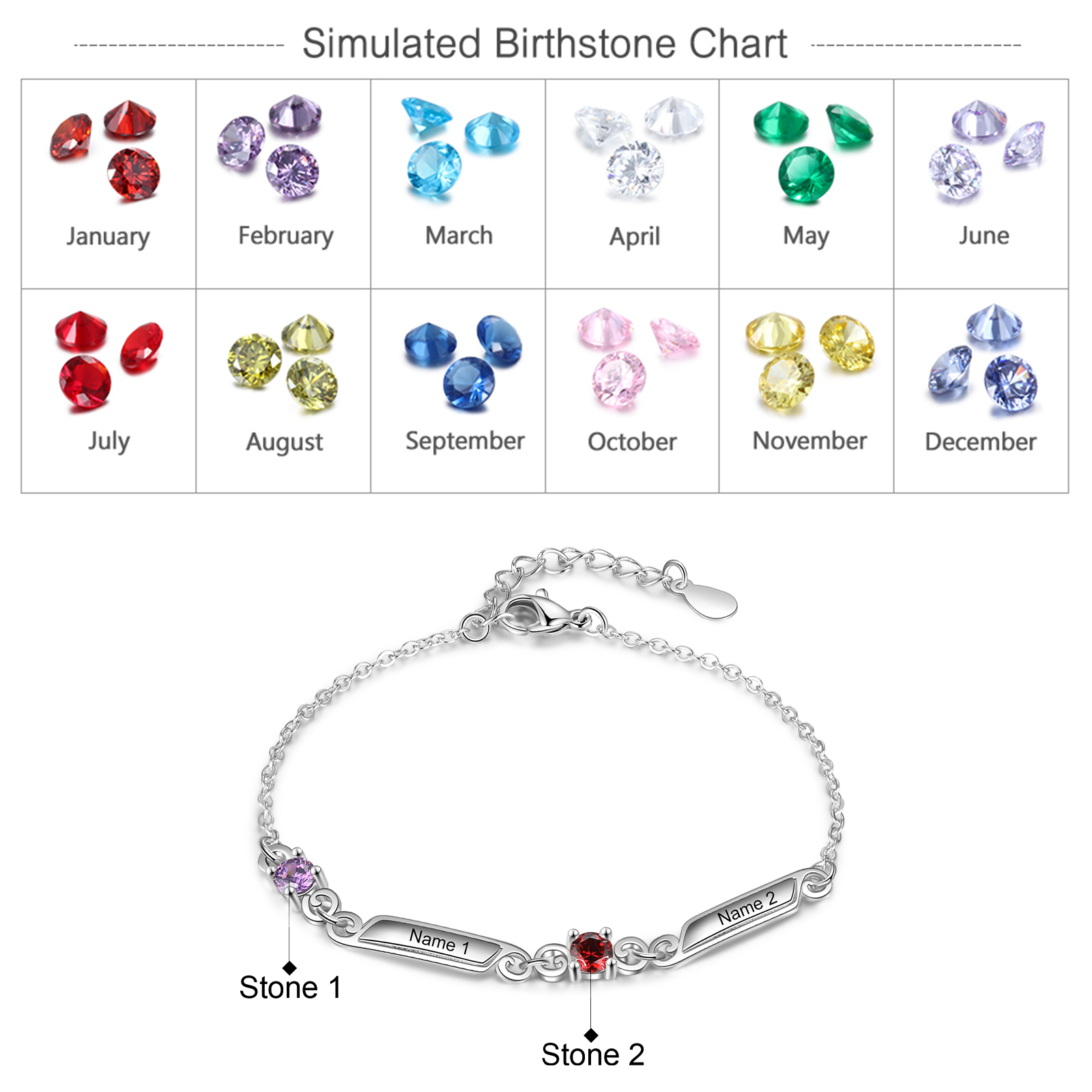 Personalisiertes Armband mit eingravierten 2 Namen und 2 Geburtssteinarmbändern