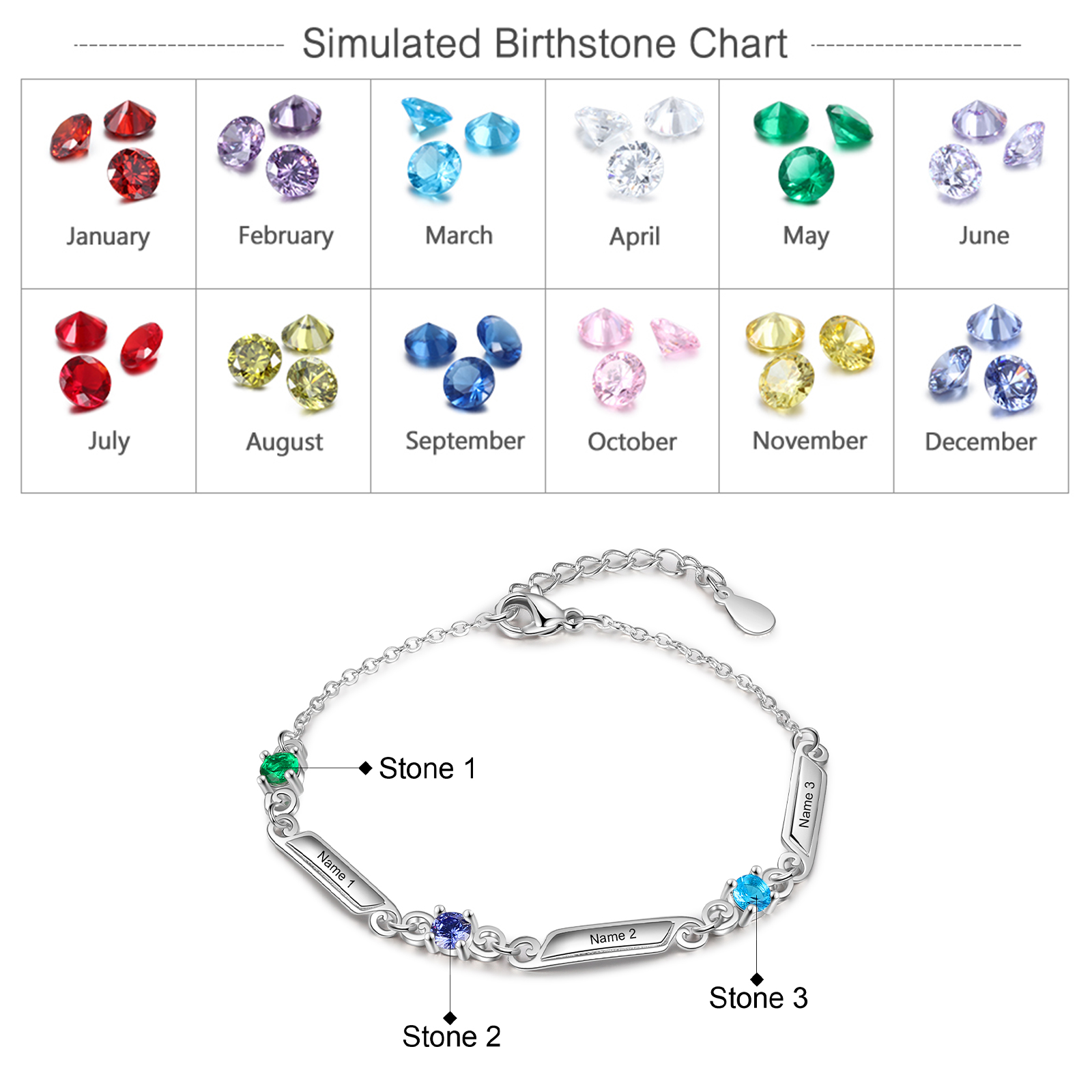 Personalisiertes Armband mit eingravierten 3 Namen und 3 Geburtssteinarmbändern