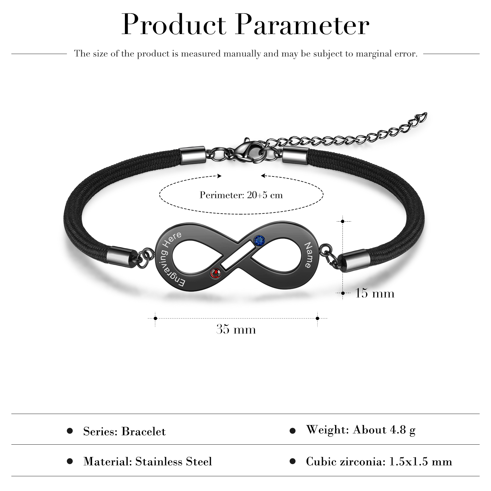 Damen Infinity Herzförmiger Magnetisches Armband mit Name, Text und Geburtsstein Graviert, Valentinstag Geschenk Endlosarmband