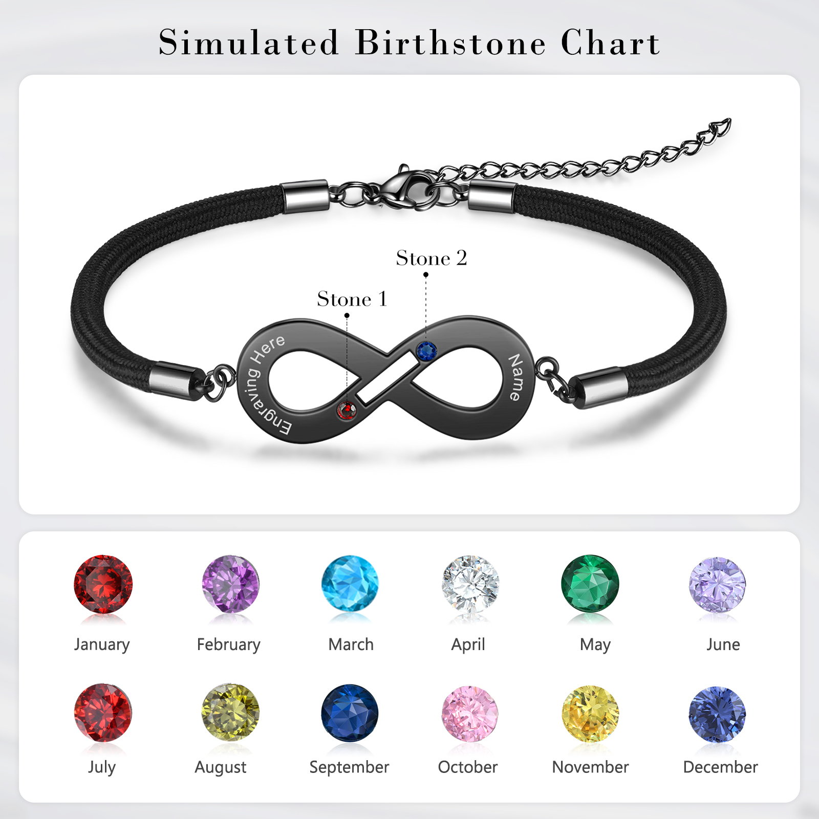 Damen Infinity Herzförmiger Magnetisches Armband mit Name, Text und Geburtsstein Graviert, Valentinstag Geschenk Endlosarmband