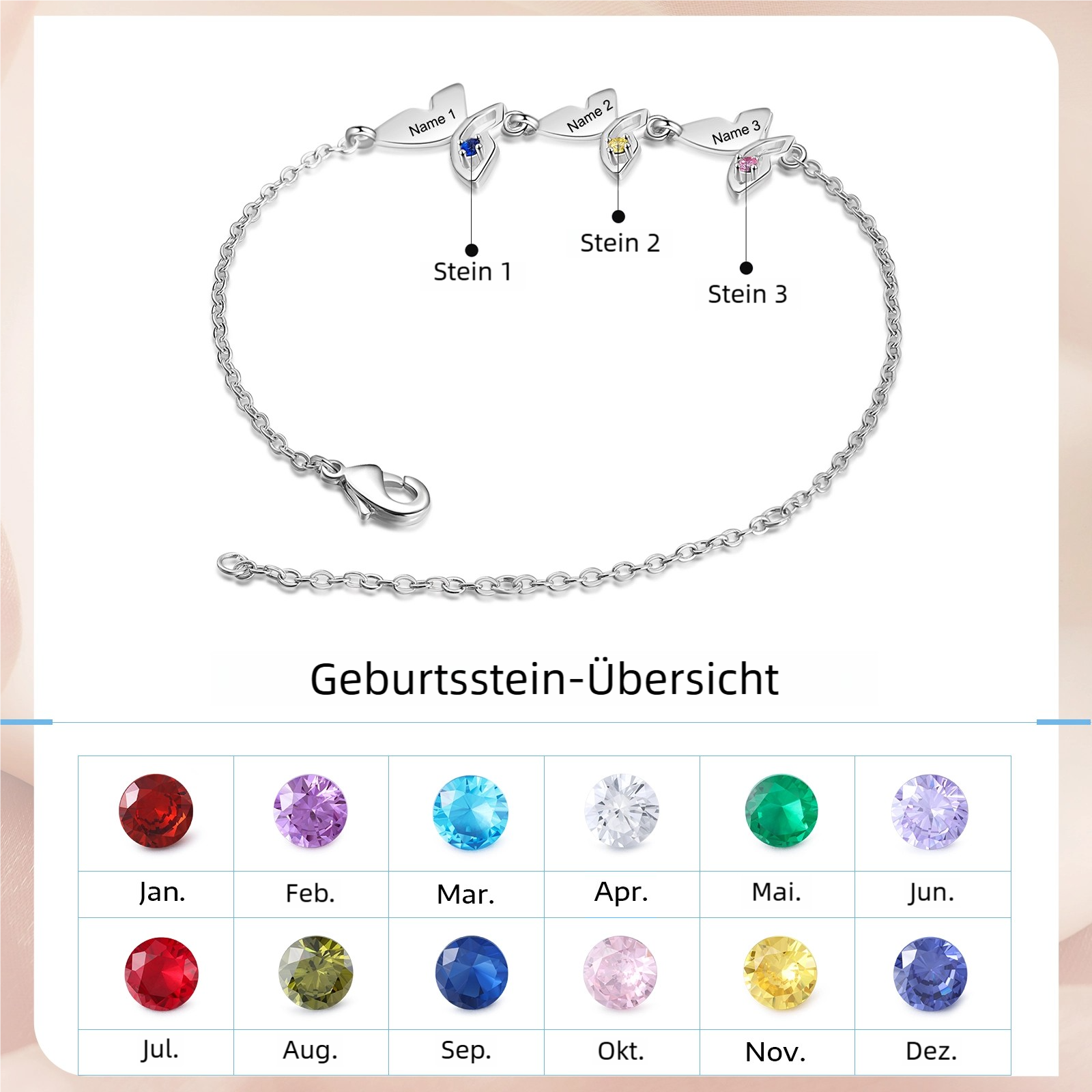 Personalisiertes Schmetterling-Armband mit 2–5 Namen und Geburtssteinen