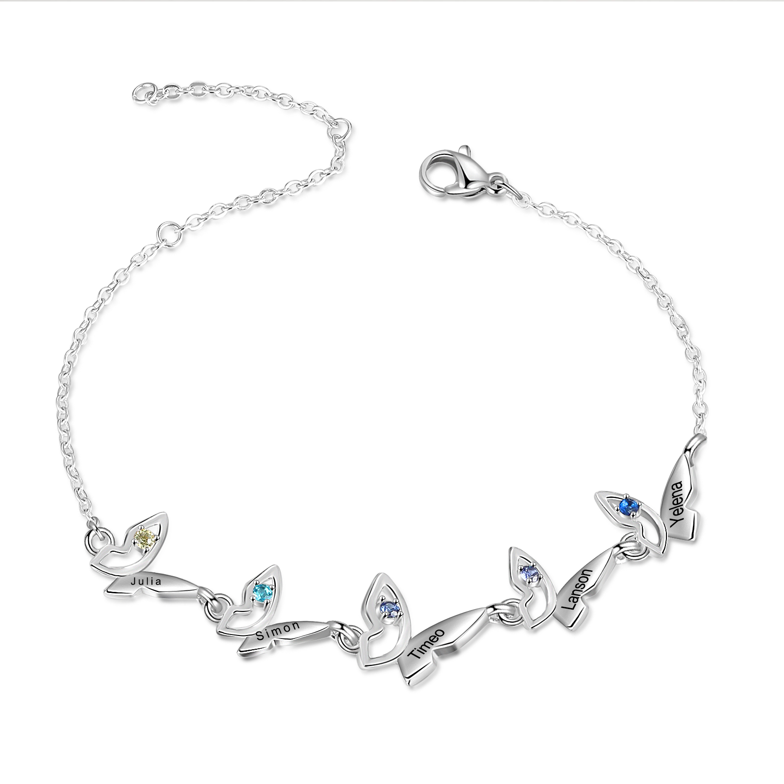Personalisiertes Schmetterling-Armband mit 2–5 Namen und Geburtssteinen