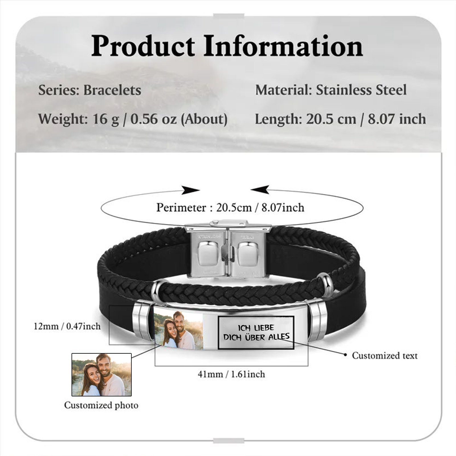 Herren Personalisierter 1 Text & Foto-Leder Armband für Mann/ Freund