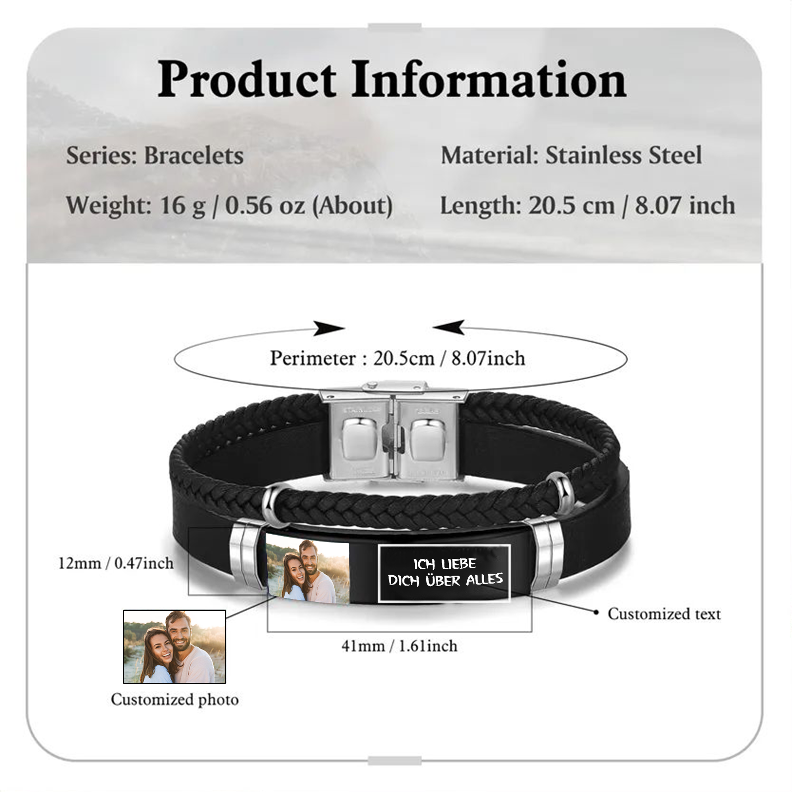 Herren Personalisierter 1 Text & Foto-Leder Armband für Mann/ Freund
