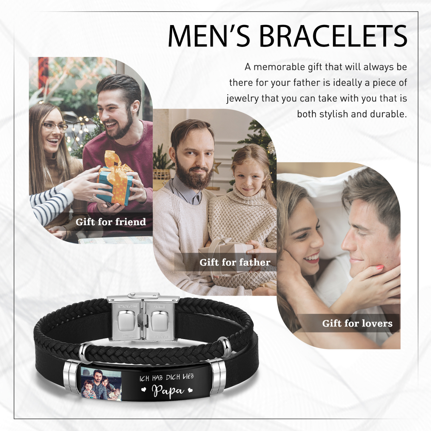 Herren Personalisierter 1 Text & Foto-Leder Armband mit Geschenkkarte für Mann
