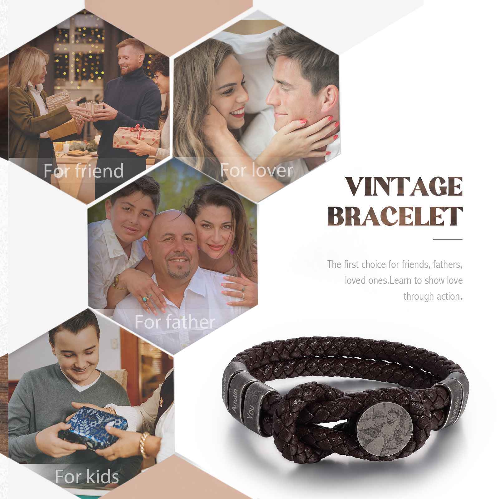 Herren Personalisierte 5 Namen & Foto Leder Vintage Armband