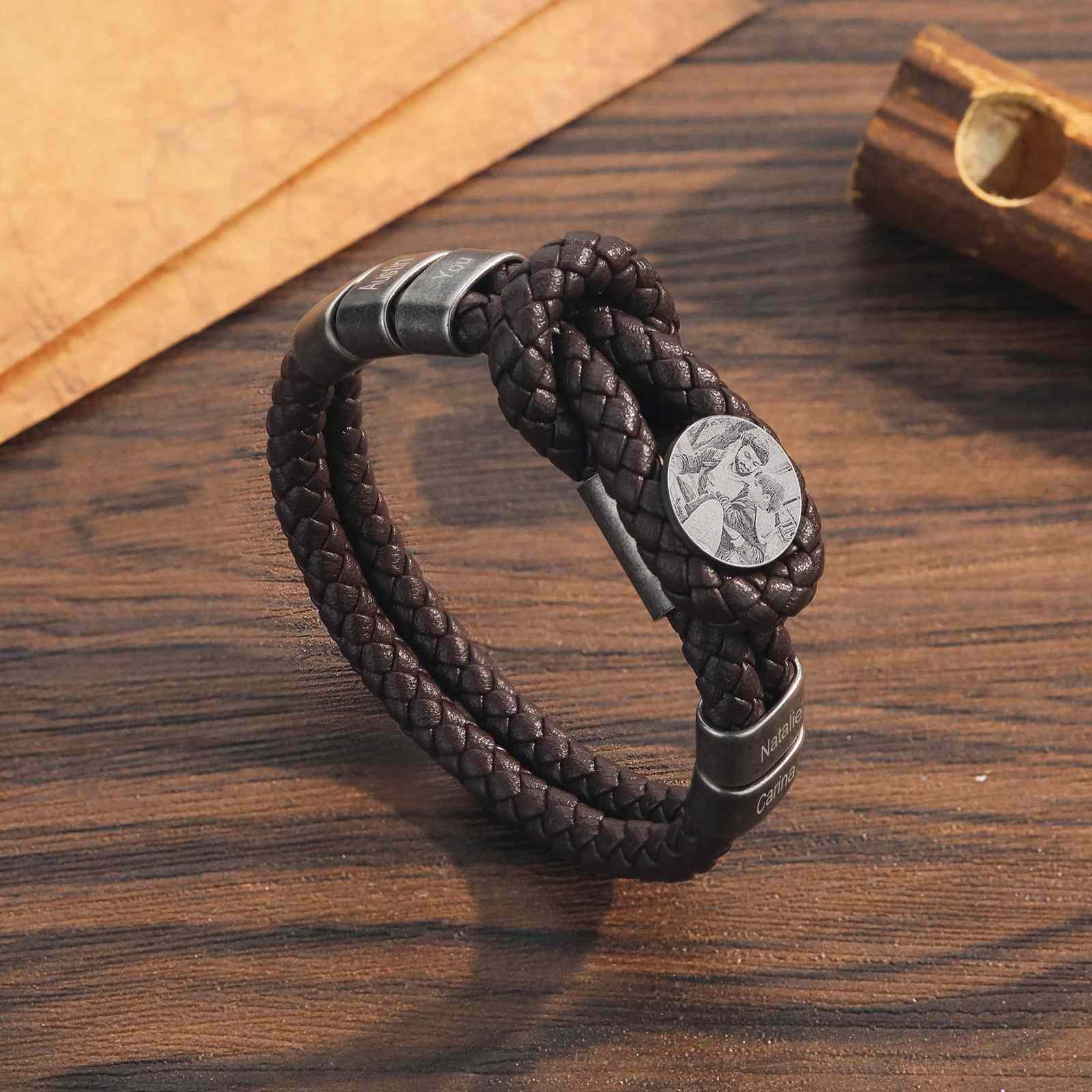 Herren Personalisierte 5 Namen & Foto Leder Vintage Armband