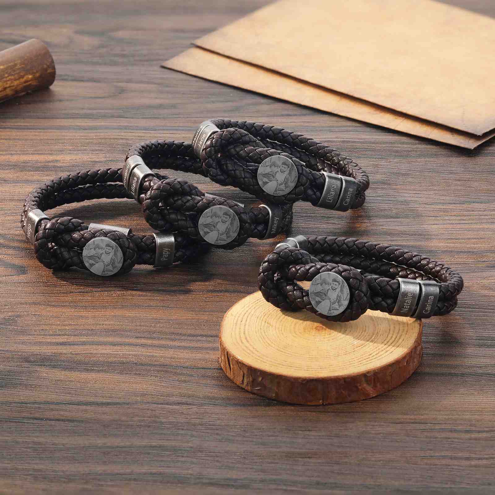 Herren Personalisierte 5 Namen & Foto Leder Vintage Armband