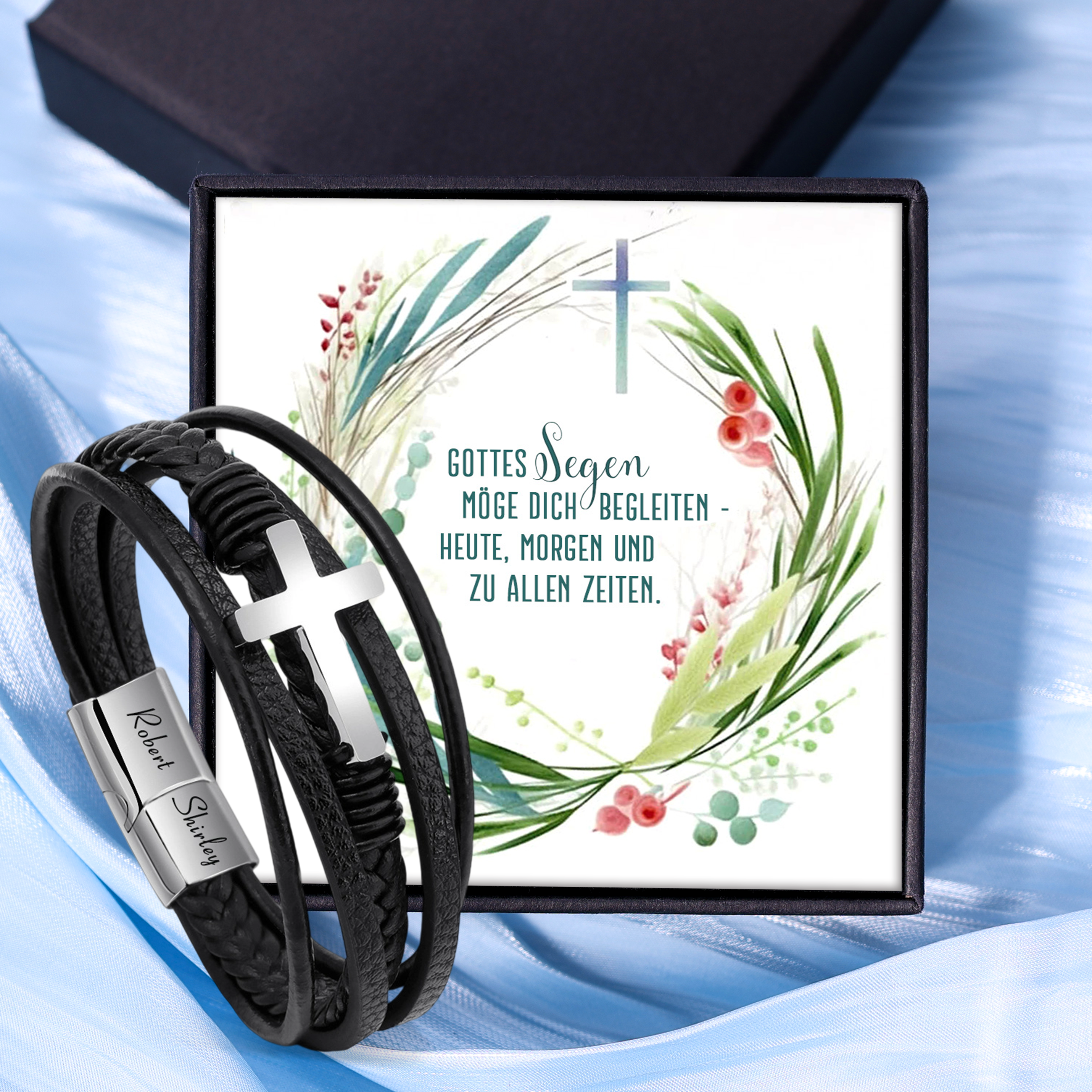 Herren Armband-Personalisiertes 2 Namen Leder Kreuz Kommunion Armband 