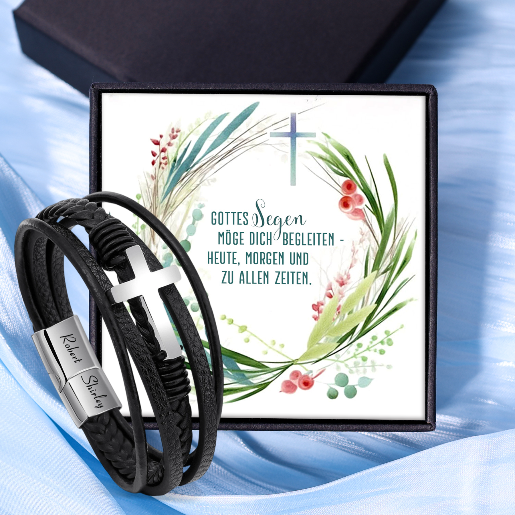 Herren Armband-Personalisiertes 2 Namen Leder Kreuz Kommunion Armband 