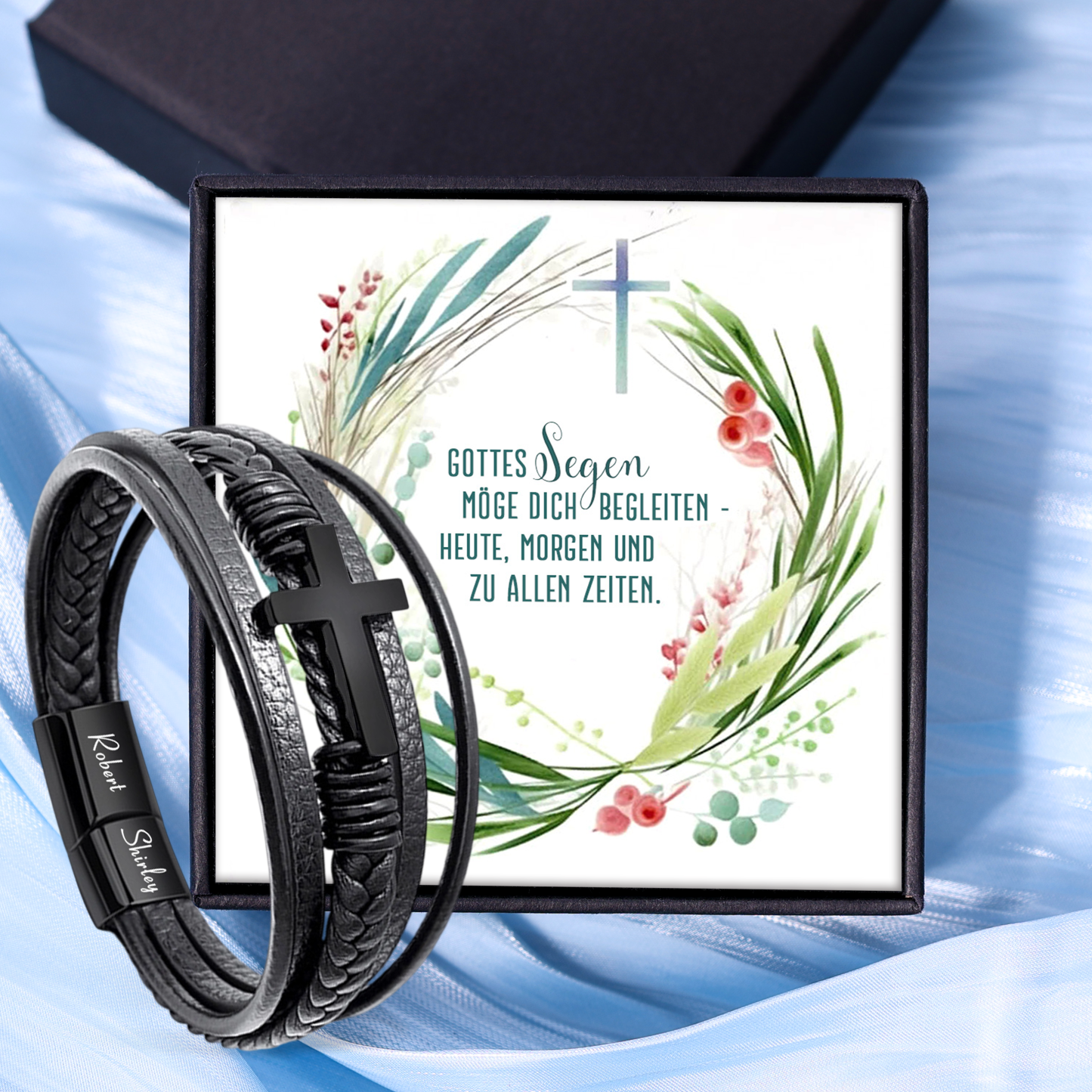 Herren Armband-Personalisiertes 2 Namen Leder Kreuz Kommunion Armband 