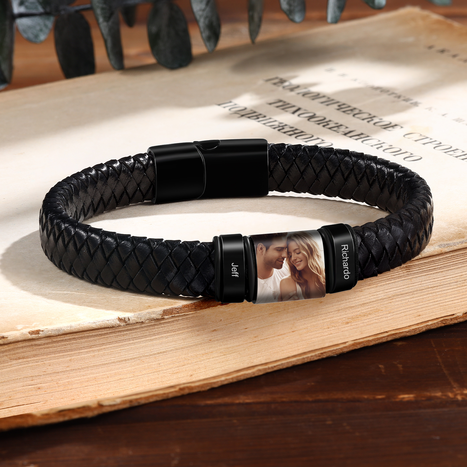 Herren Personalisierte 2 Namen & Foto Geflochtenes Leder Armband