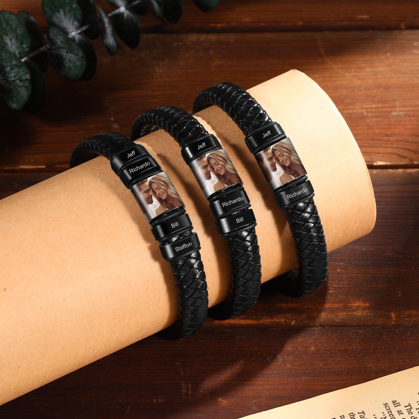 Herren Personalisierte 4 Namen & Foto Geflochtenes Leder Armband