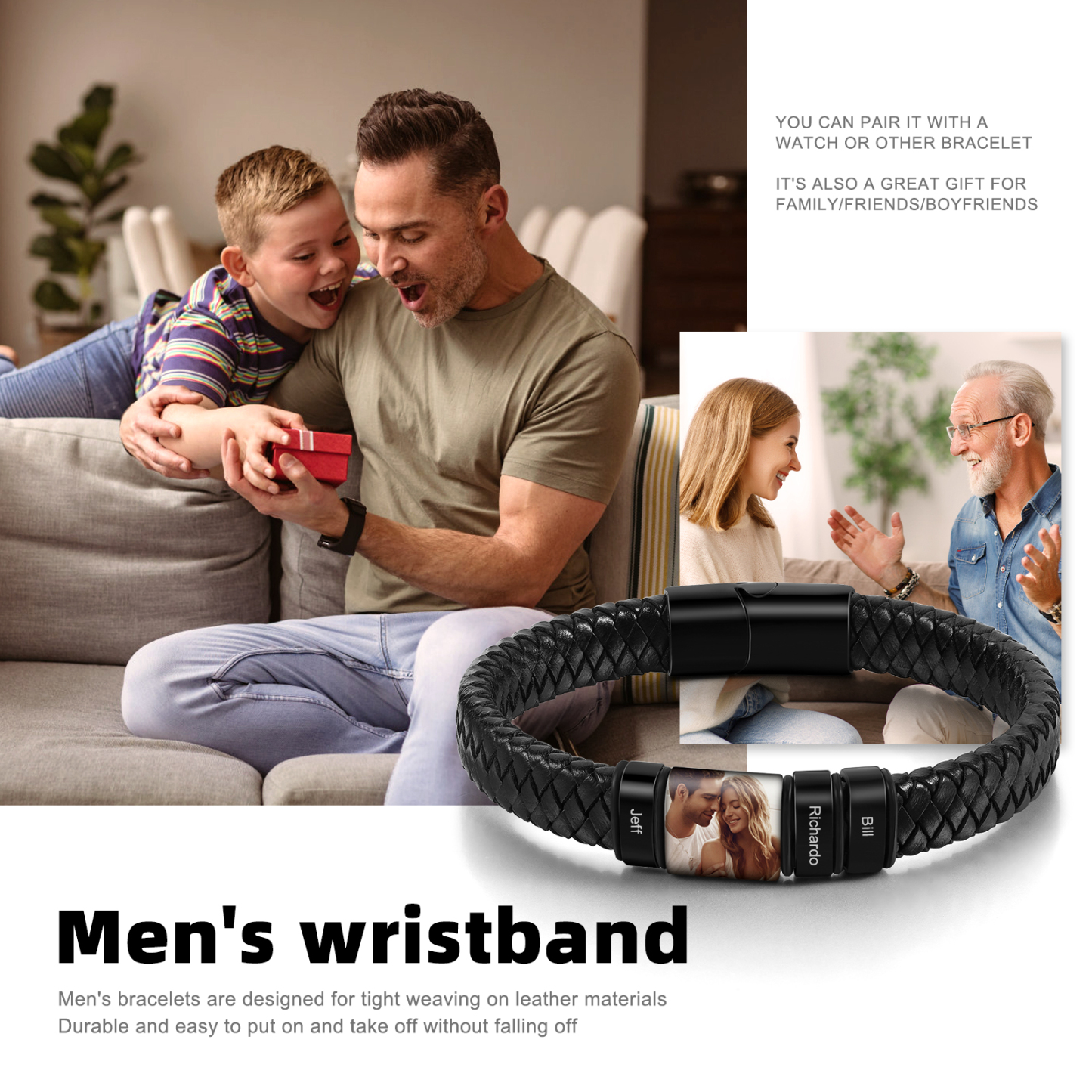 Herren Personalisierte 3 Namen & Foto Geflochtenes Leder Armband