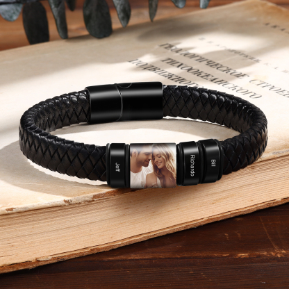 Herren Personalisierte 3 Namen & Foto Geflochtenes Leder Armband